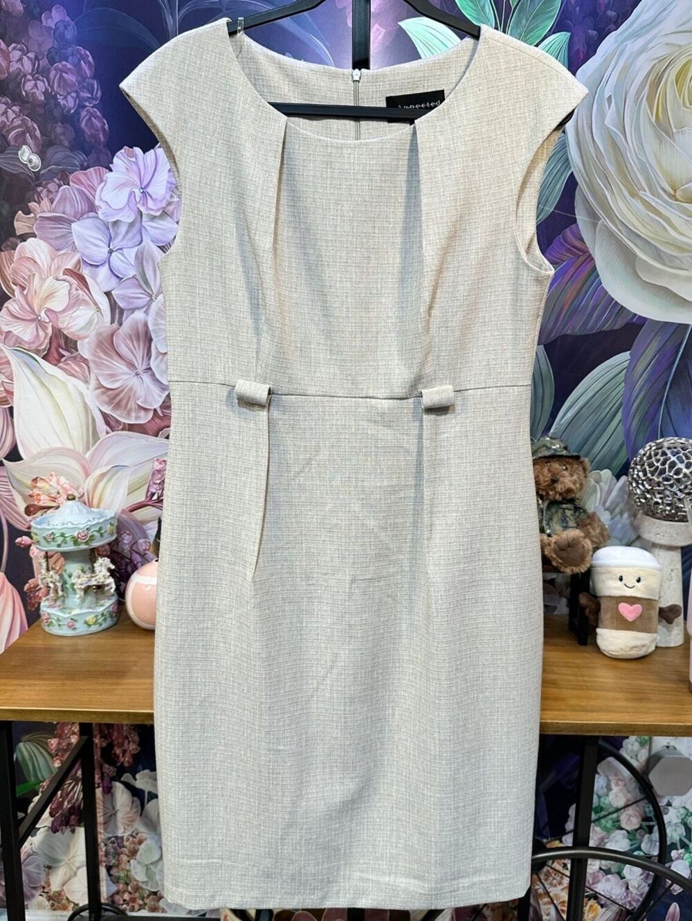Sheath Dress Size 12 Sleeveless Pleated Neckline Belt Loops Career Woven Beige